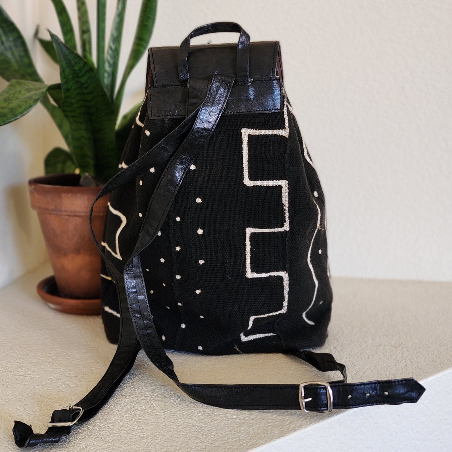 Black mudcloth backpack with black leather