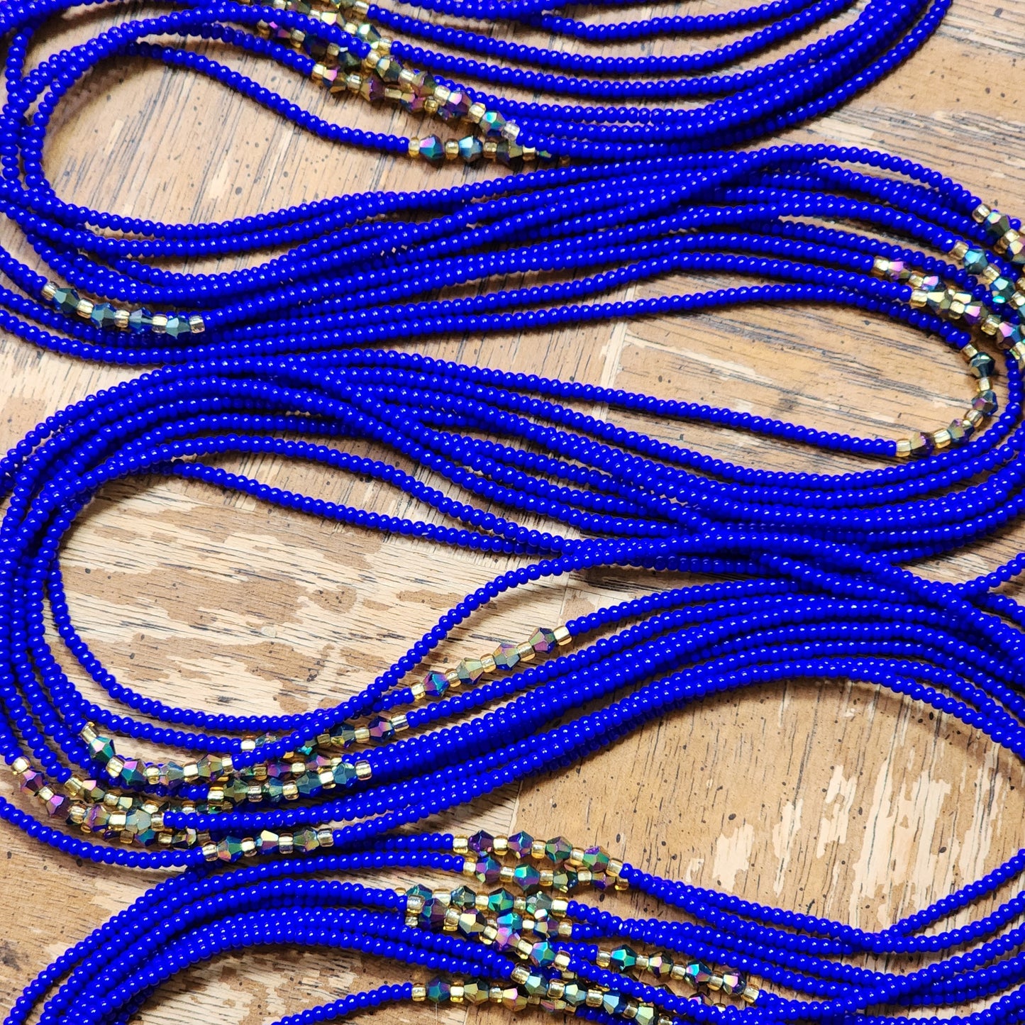 Blue Premium handmade waistbeads with gold iridescent crystals