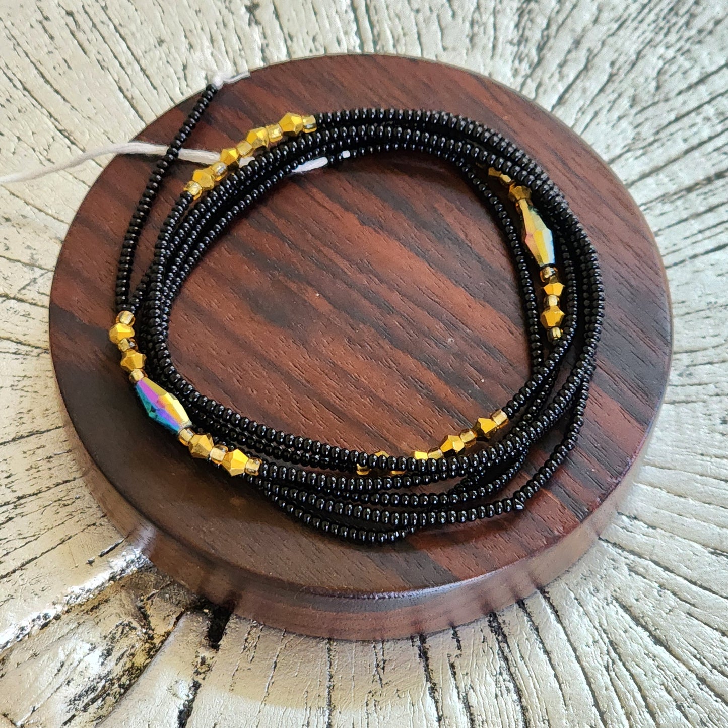 Black Premium handmade waistbeads with gold iridescent crystals