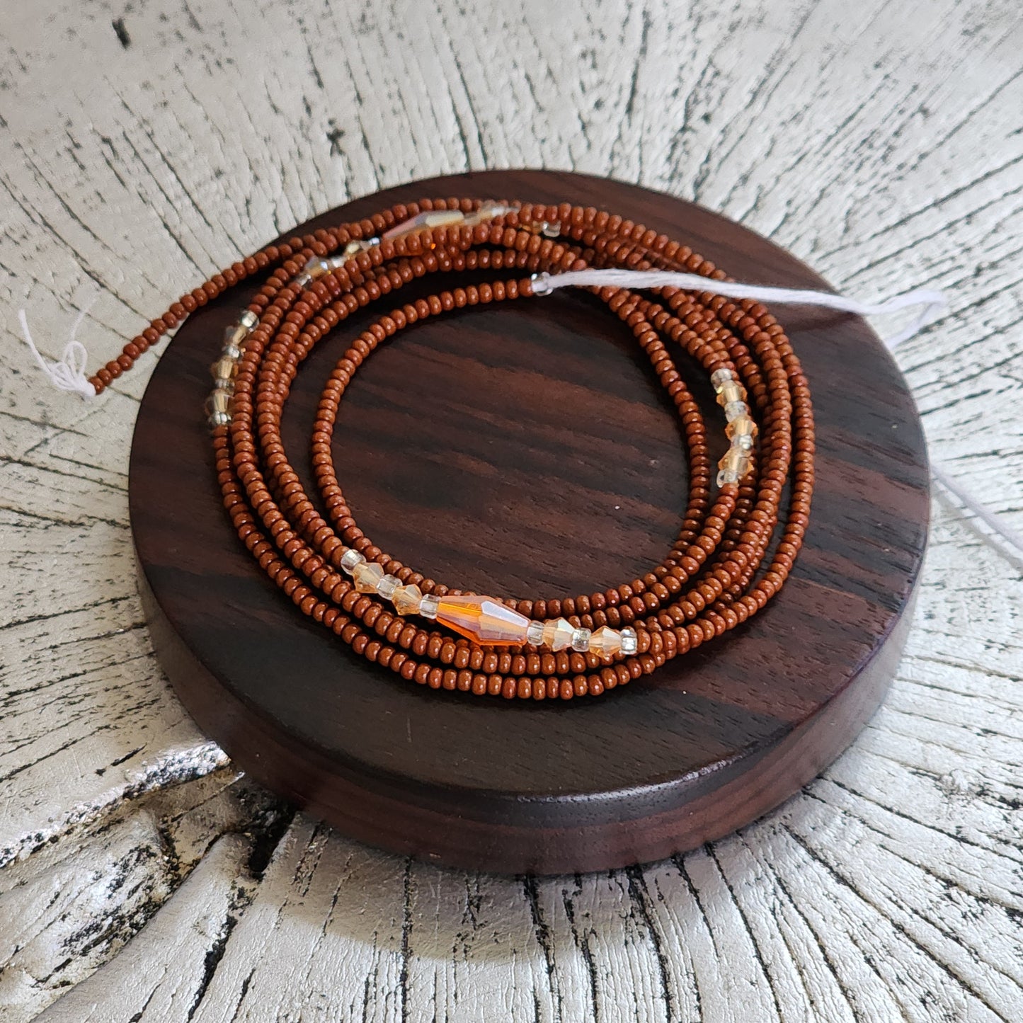 Brown Premium handmade waistbeads with orange iridescent crystals