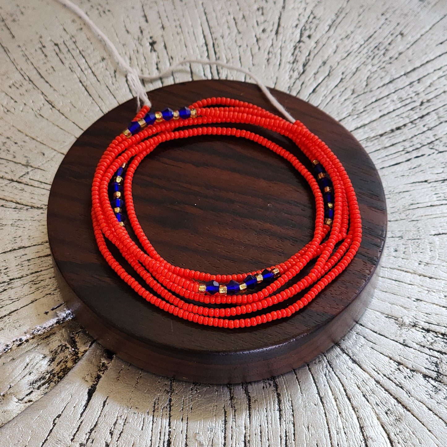 Red Premium handmade waistbeads with blue iridescent crystals