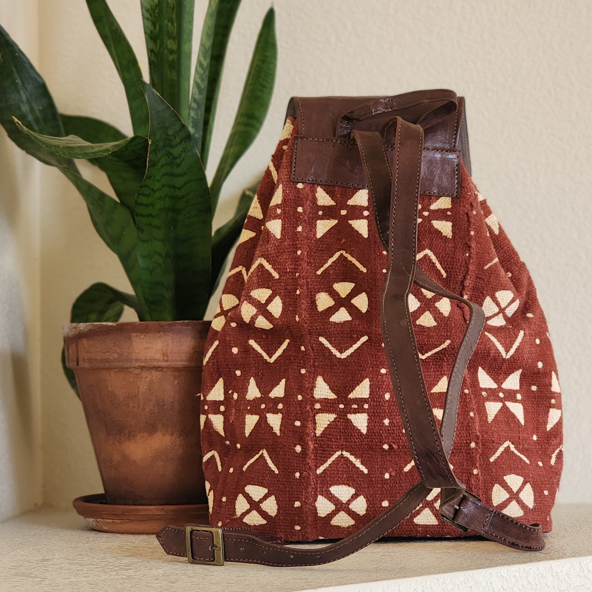 Rust-colored Mudcloth Backpack with Fine Grade Browm Leather