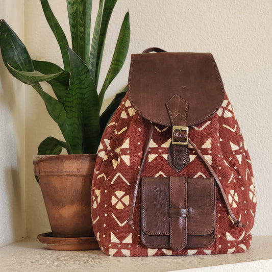 Rust-colored Mudcloth Backpack with Fine Grade Browm Leather