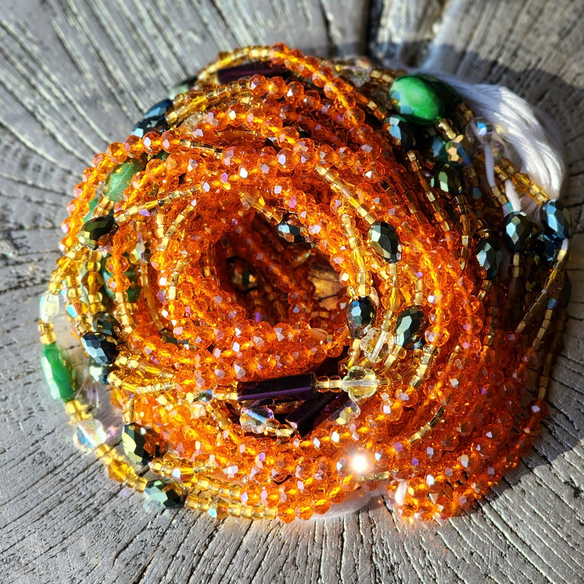 Iridescent orange crystal premium handmade waist beads 