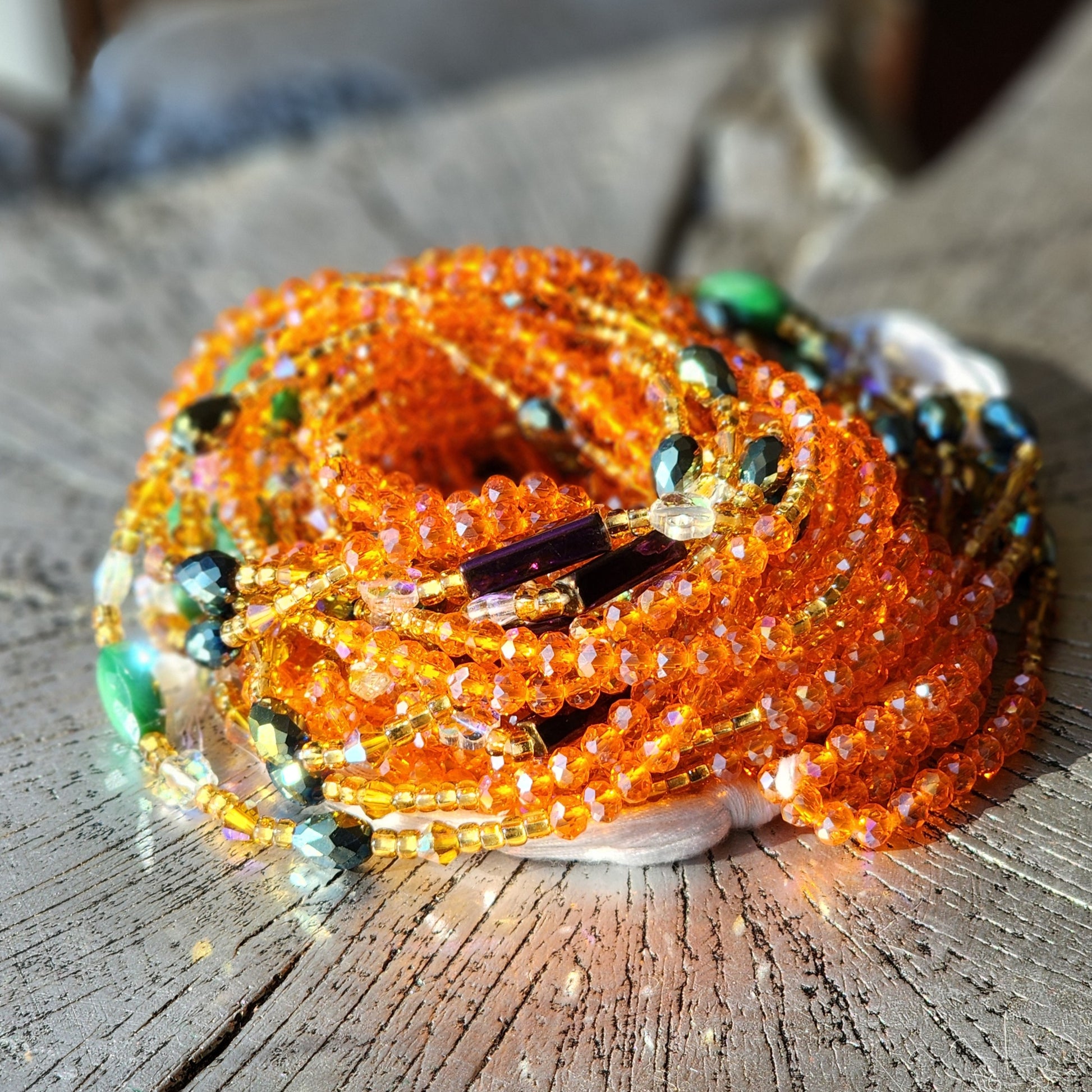 Iridescent orange crystal premium handmade waist beads 