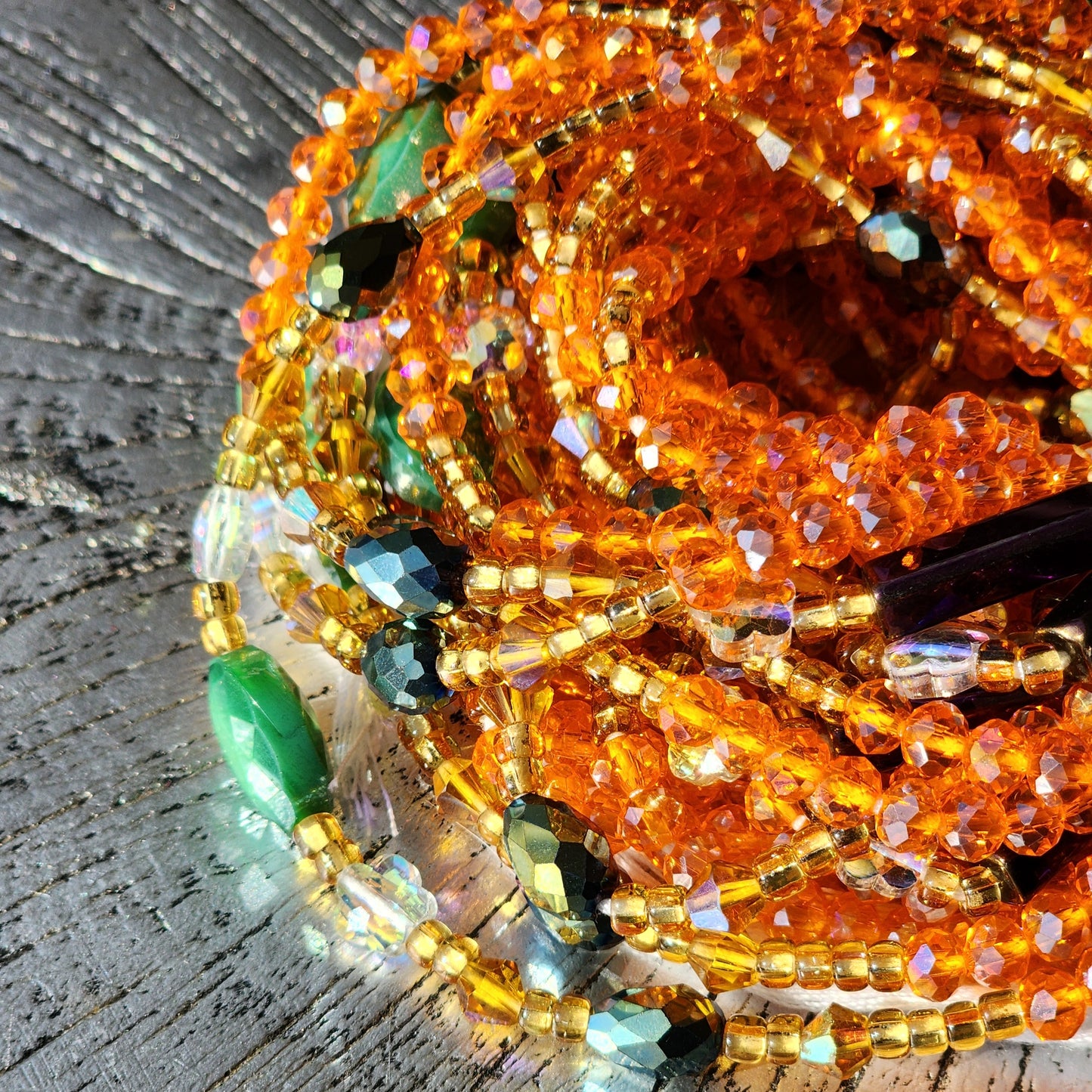 Iridescent orange crystal premium handmade waist beads 
