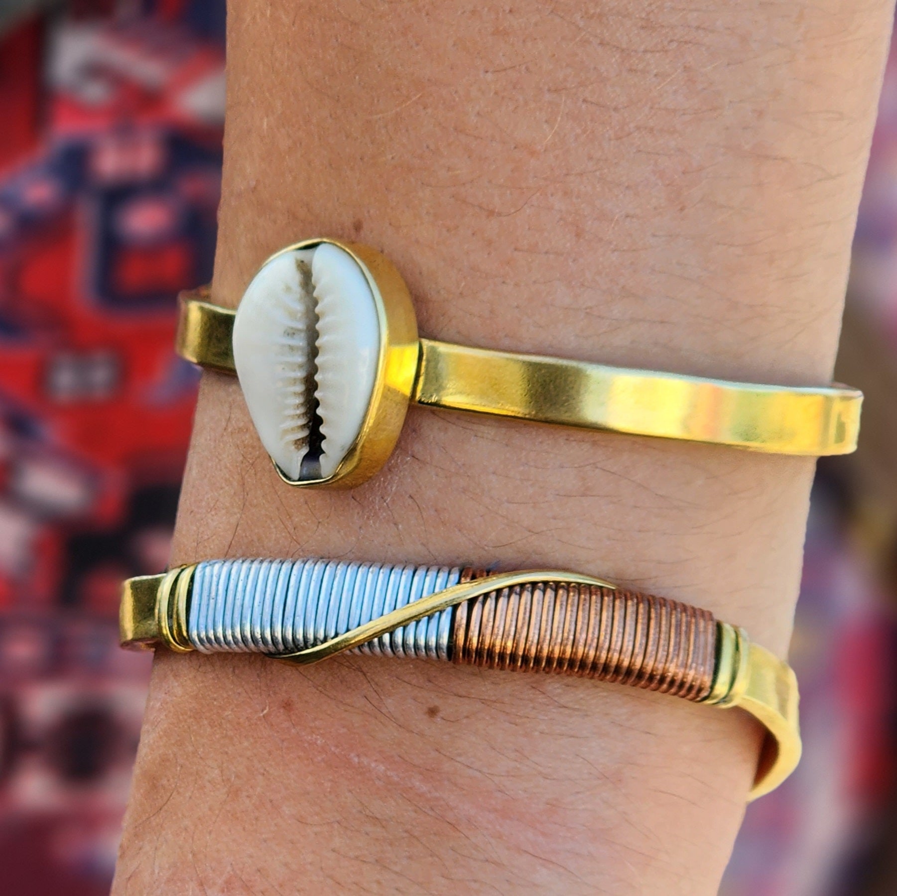Brass, Copper, Aluminum adjustable bracelet with cowrie shell adjustable bracelet