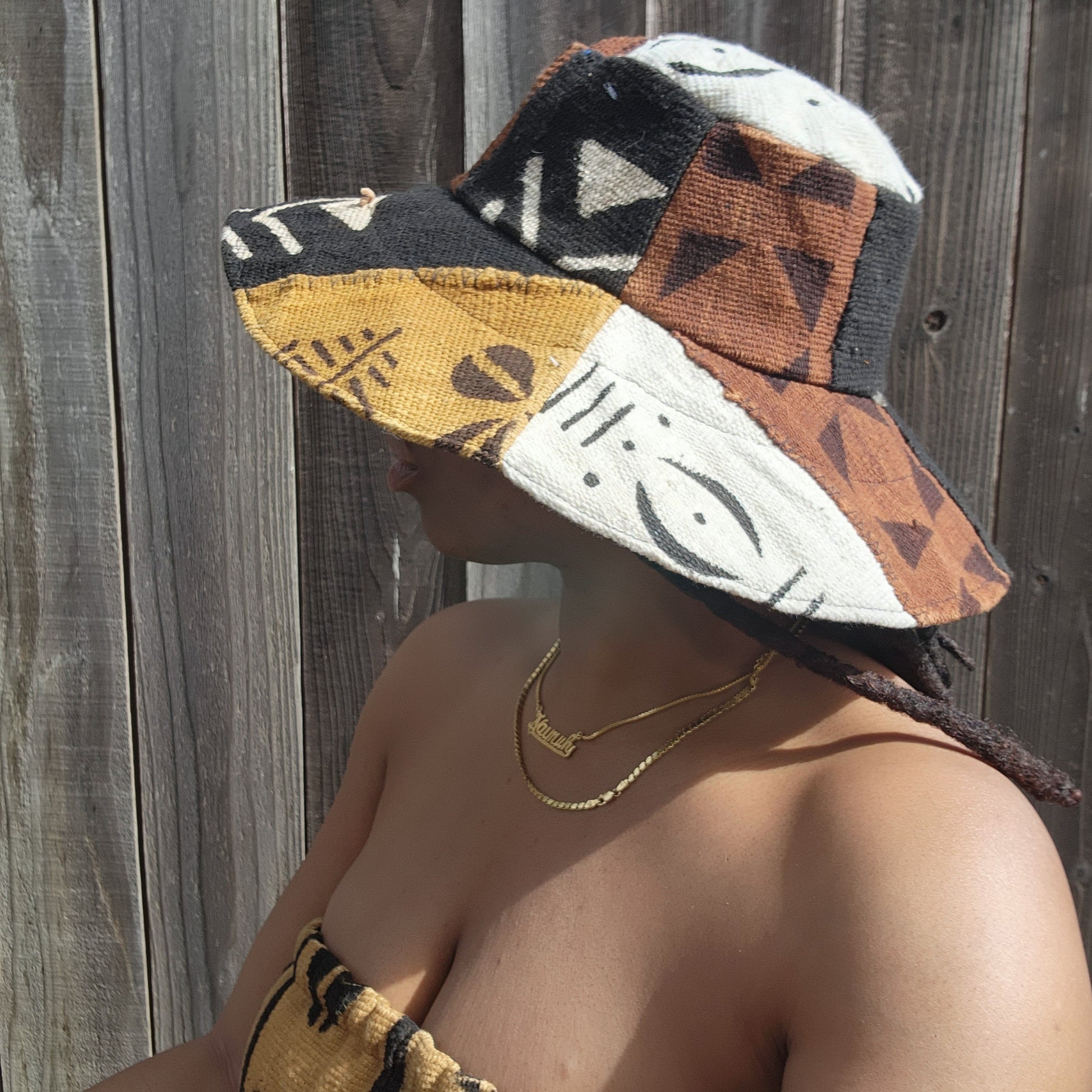 Multi-colored, black, white and brown mudcloth bucket hat