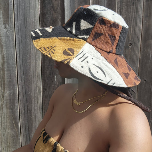 Multi-colored, black, white and brown mudcloth bucket hat
