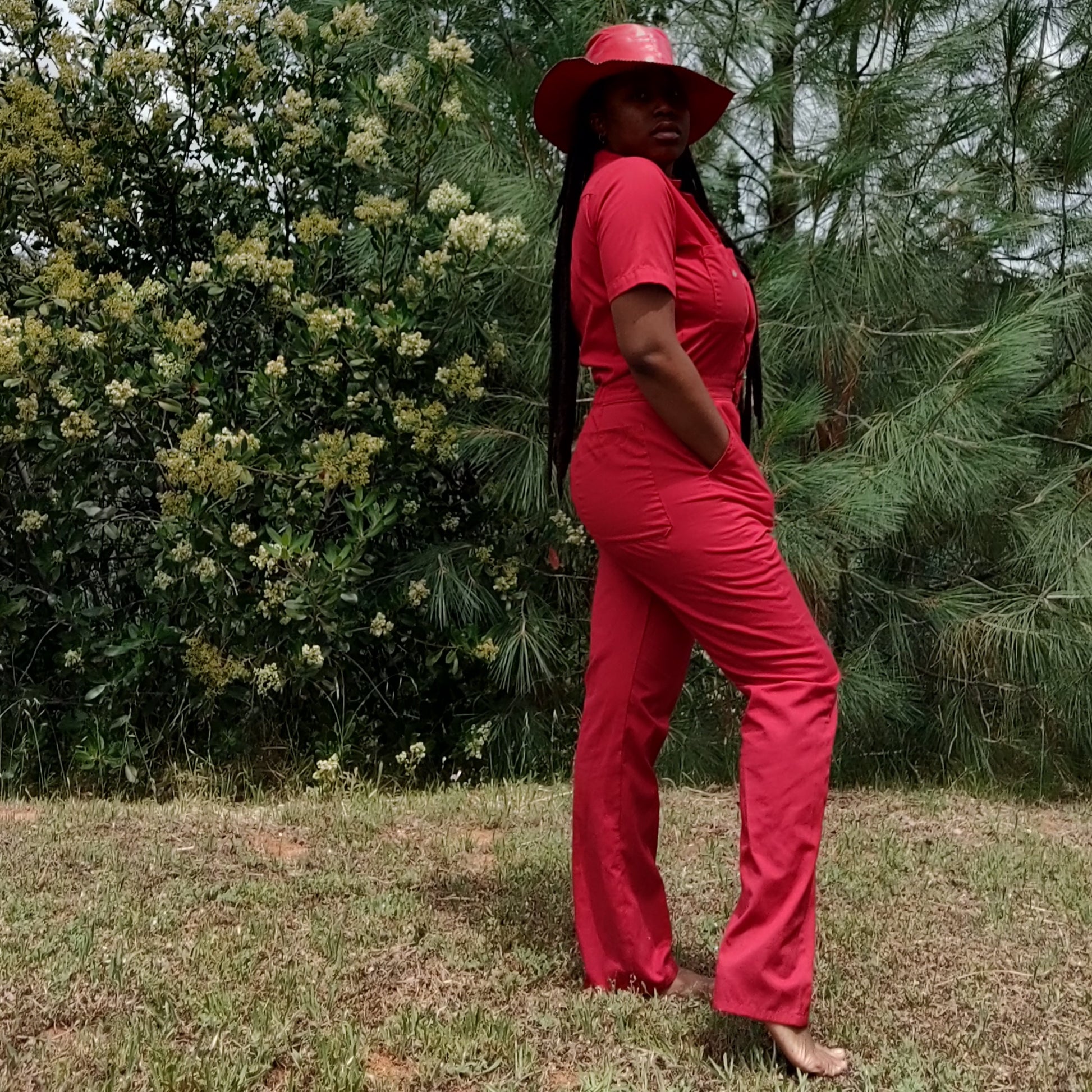 Red Leather Hat on woman